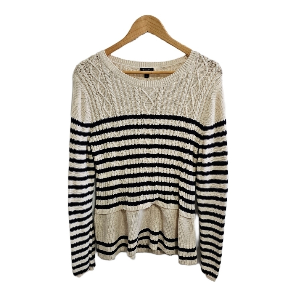 Talbots Peplum Cable Knit Sweater cashmere blend stripe cream black large